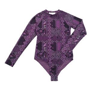Rusty Womens Long Sleeve Swimsuit Bodysuit Purple Patchwork Print, Size M. NWT